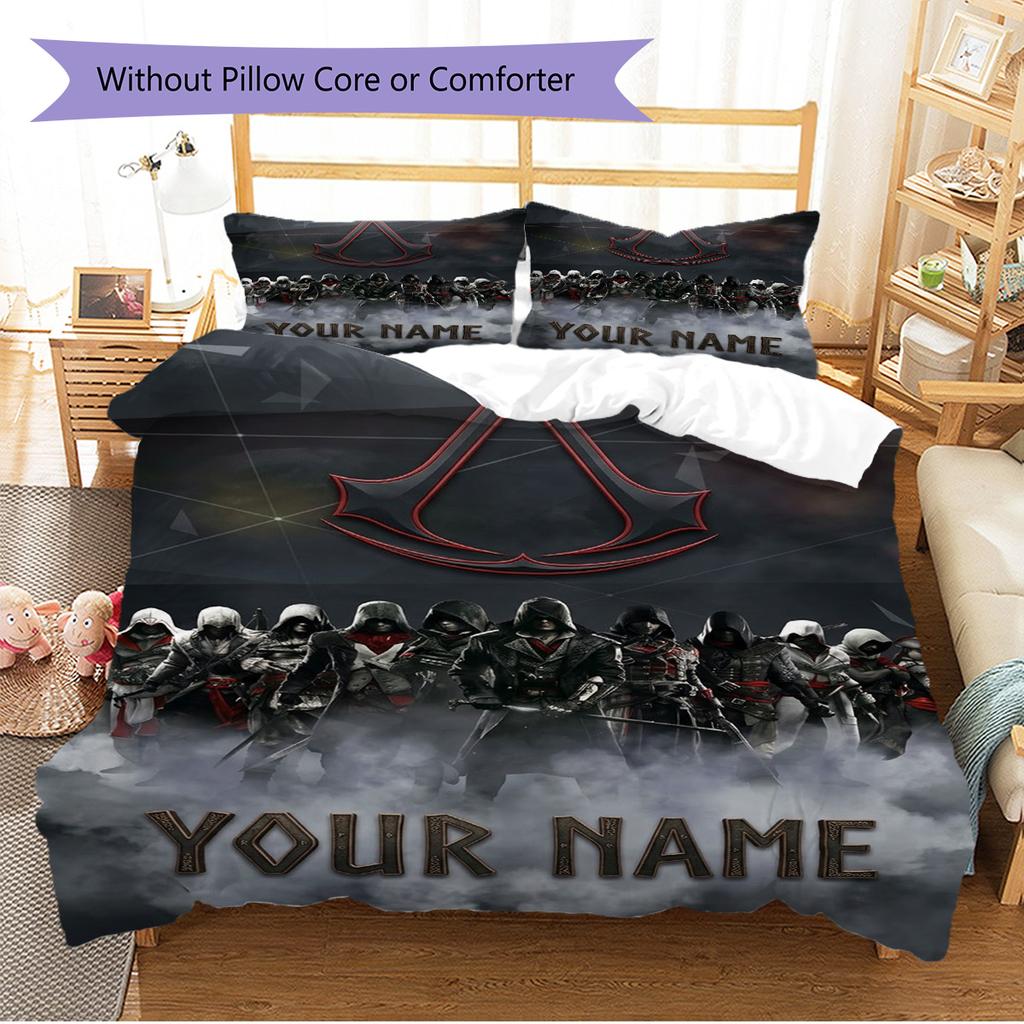 Name Custom Assassin Creed Pattern Bedding Set Quilt Cover Pillowcase Home Decor Gift (1 * Duvet Cover + 2 * Pillowcase, Without Core)