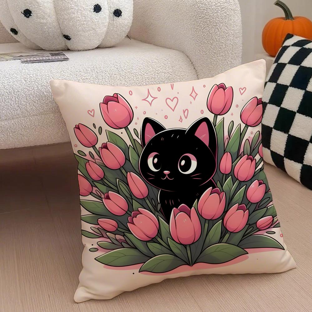 K-Kitty Cat Flowers West High Cushion Cover Throw Pillow Cover Hidden Button Durable Polyester Chair Cushion