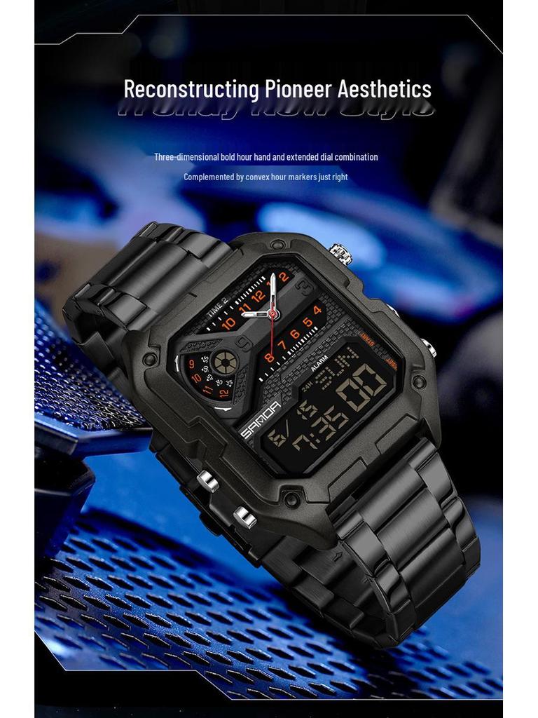 SANDA Men's Luxury Quartz Watch - Steel Band, Waterproof, Three-Time Zone, Versatile for Casual and Workplace Wear.