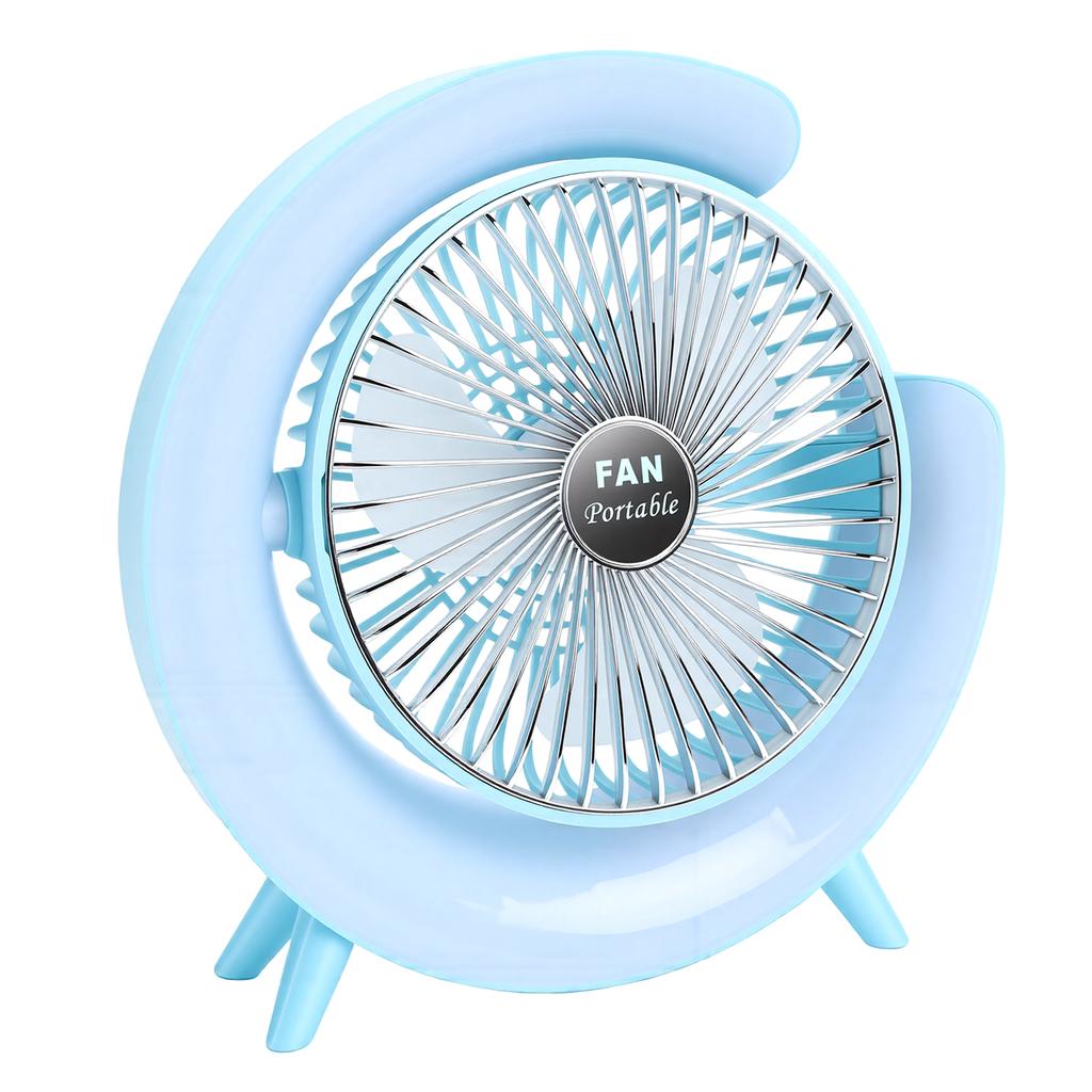 Compact Desk Fan with Colorful Lights USB Charging 3 Speeds 1800mAh Battery Multicolor Lights Quiet Mini Table Fan Blue
