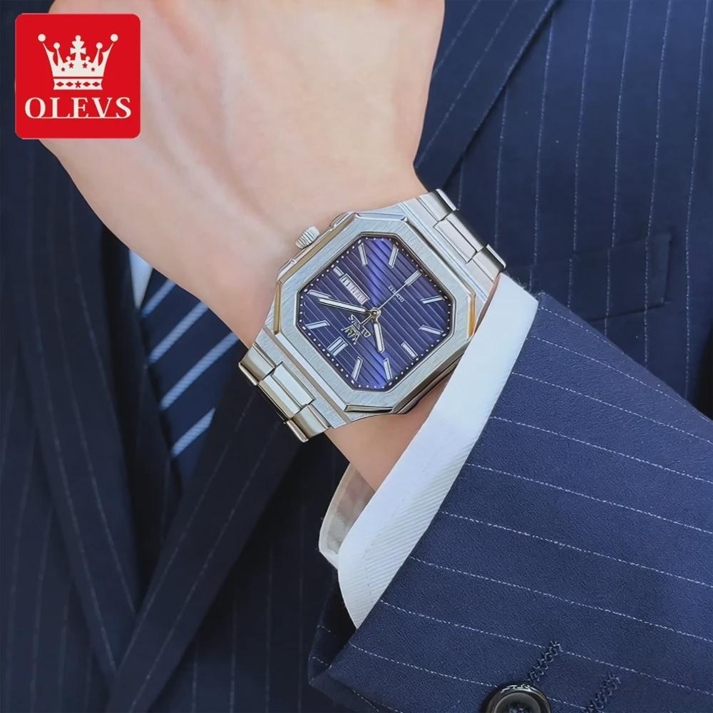 OLEVS Watch Luxury Man Original Square Quartz Watch Stainless Steel Waterproof Luminous Week Date Watches For Man