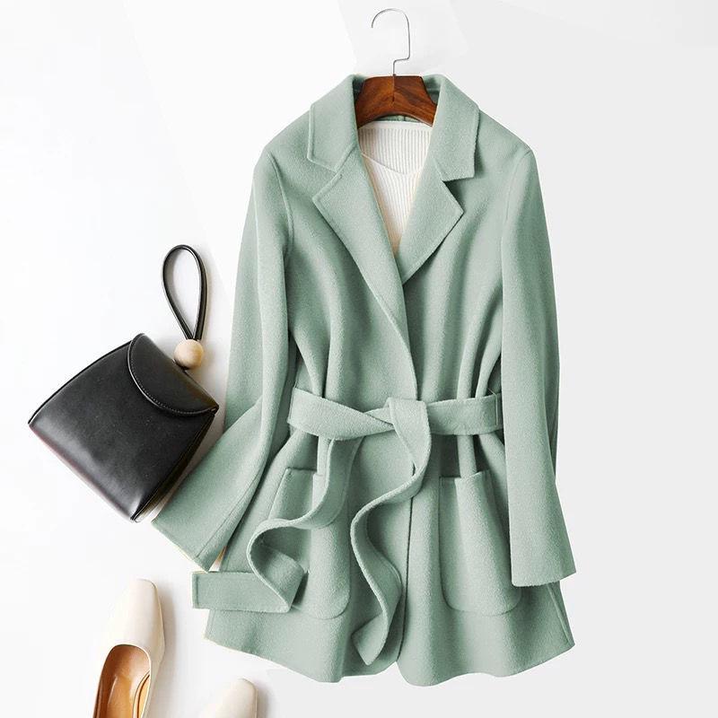 

Women s Double-Sided Wool Coat, 2025 Spring Korean Style with Belt - Petite Fashion S 80-110 jin