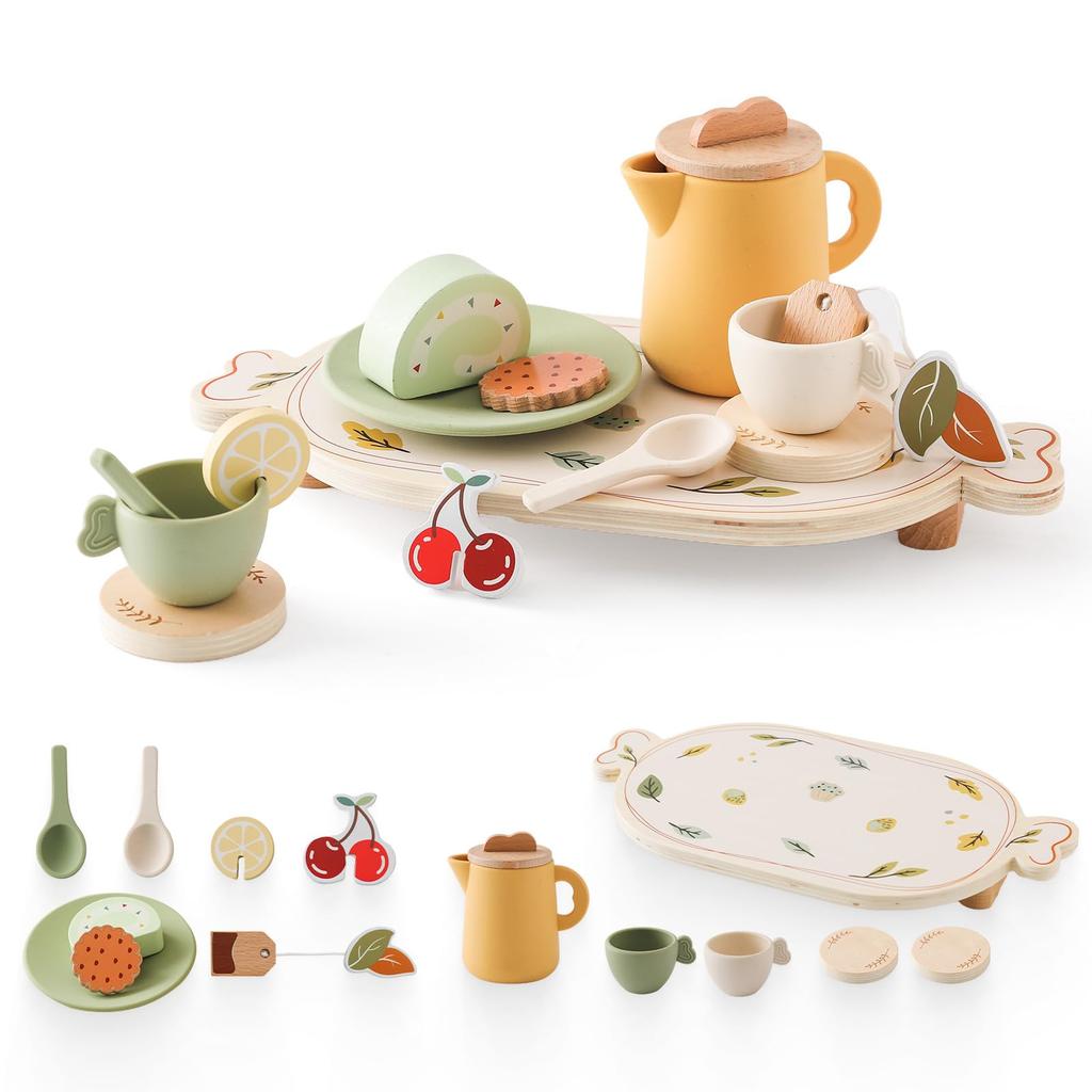 Wooden Teether Afternoon Tea Pretend Wooden Tea Tea Tea Tray Pretend Improve Communication Educational Baby Kindergarten Entrance Nursery School New