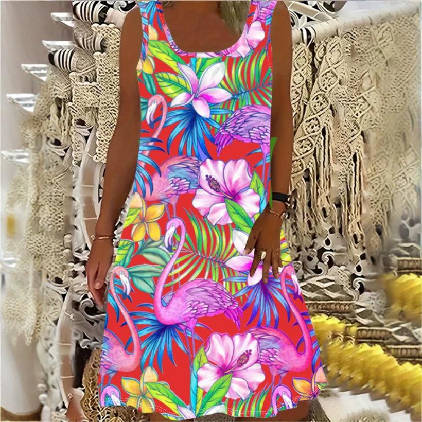 European and American large-size women s dress, casual beach vacation dress, floral print sleeveless vest skirt 1XL
