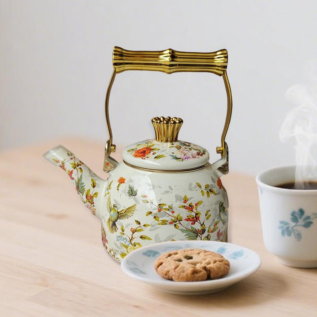 Elegant Enamel Teapot with And Floral Pattern; for Home, Office Cafe