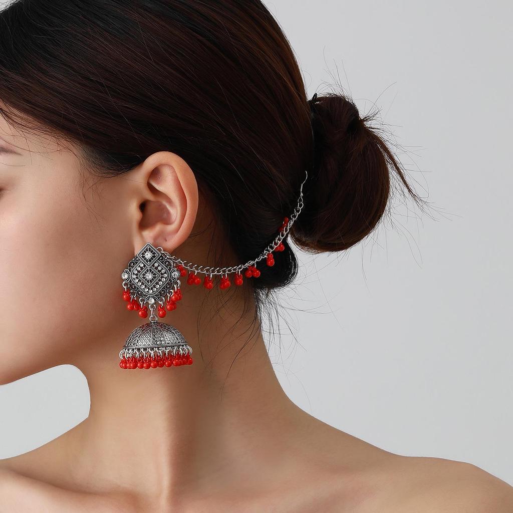 Bohemian Exotic Rhinestone Tassel Necklace & Earrings Set In Antiqued Alloy