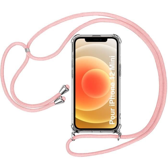 Coque Bandoulière - E.F.CONNECTION - pour iPhone 12 Mini - AntiChoc - Transparent - Cordon Rose