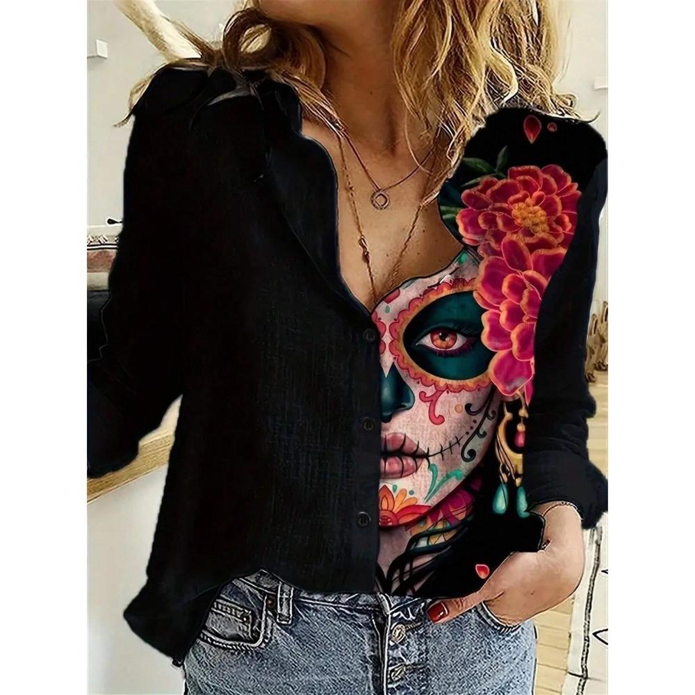 Simple And Clear Love Flower Print Ladies Casual Long Sleeve Lapel Shirt Outdoor Casual Ladies Shirt Urban Street Fashion Shirt