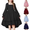 Girls' Fashionable And Cute Solid Color Square Neck Bell Sleeve Long Sleeve Ruffled Wide Hem Dress