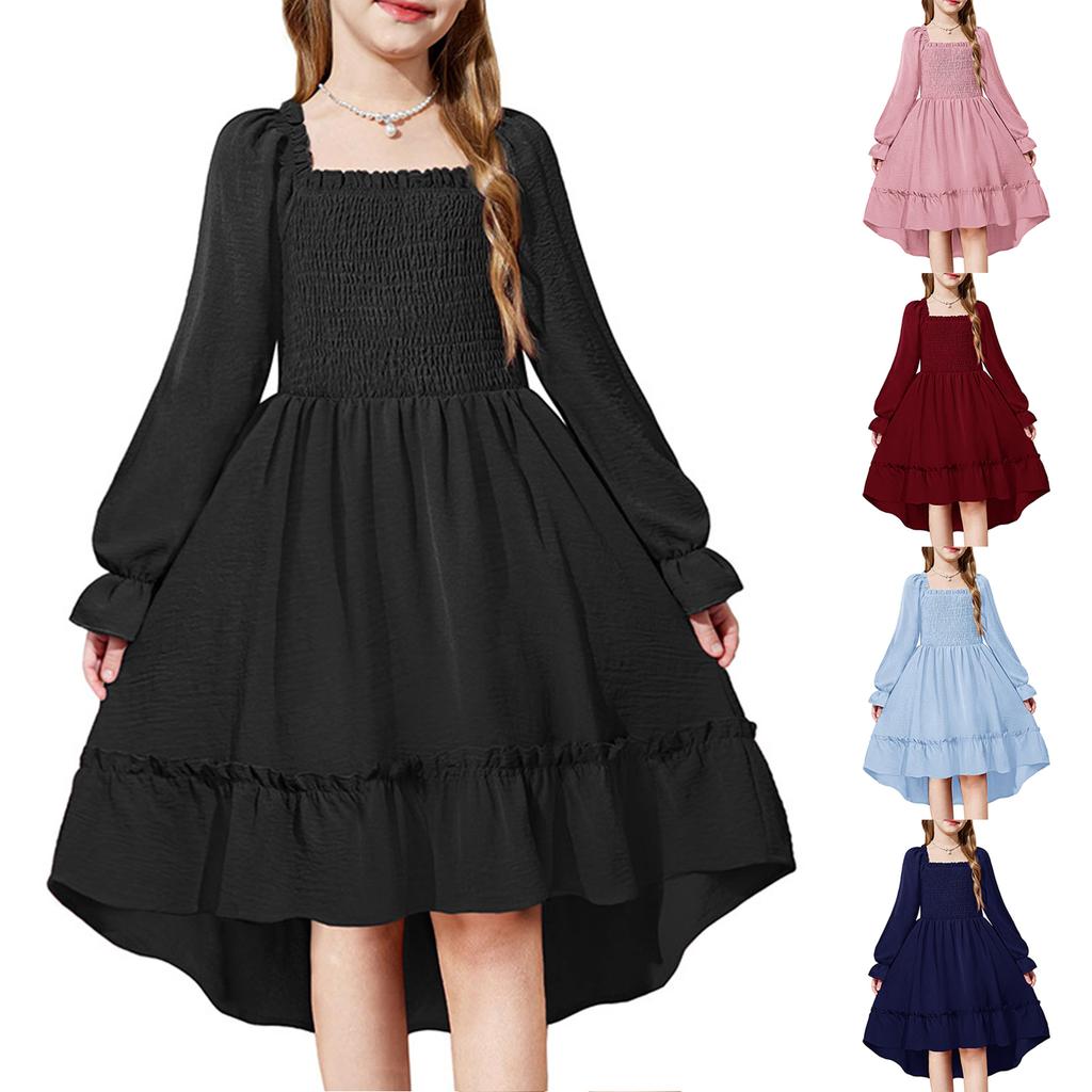 Girls' Fashionable And Cute Solid Color Square Neck Bell Sleeve Long Sleeve Ruffled Wide Hem Dress
