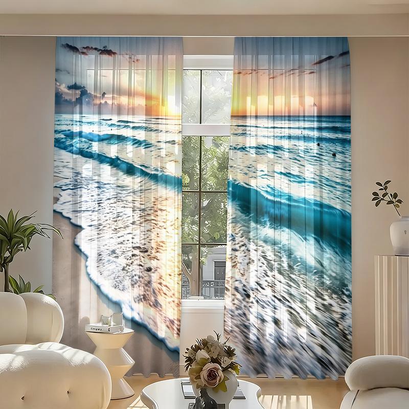 2-Piece Ocean Beach Sunset Curtains, Rod-Pocket Style Semi-Transparent Polyester Curtains, Tropical Coast Print Light-Filtering Curtains, 60×150cm(23.6×59in)