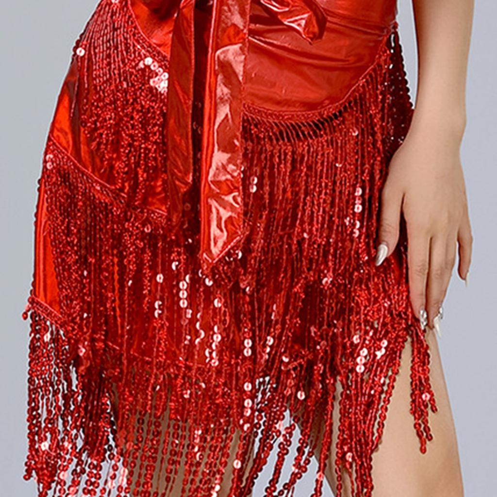 Women's Belly Dance Outfits Latin Dance Costume Sequins Fringe Skirt and Halter Bra Crop Top for Rave Cabaret Party