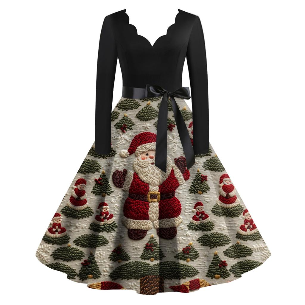 Women's Casual Fashion Christmas Printed V-Neck Vintage Dress