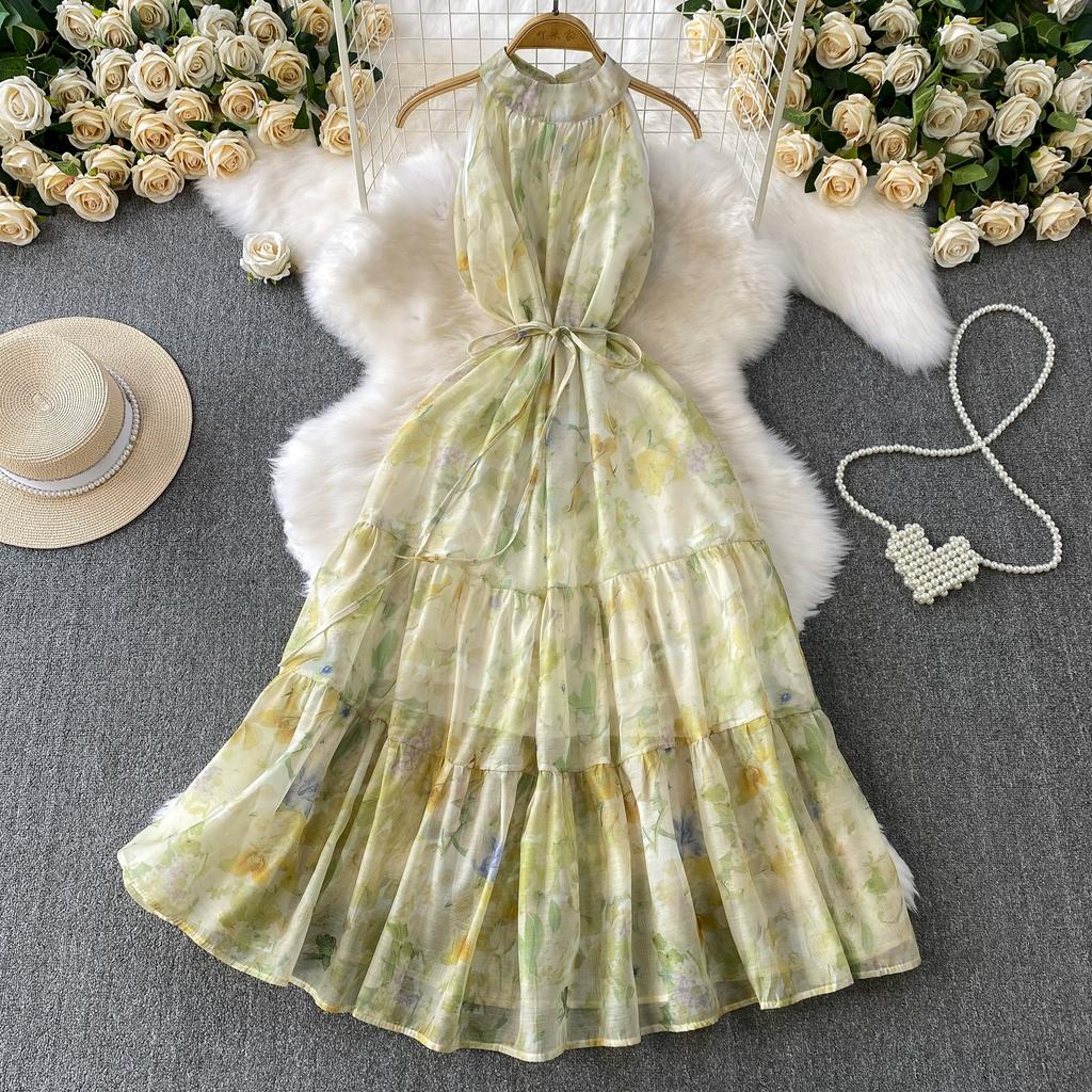 Summer Women Print Sleeveless Long Midi Oversize Loose Holiday Seaside Lace-up Dresses