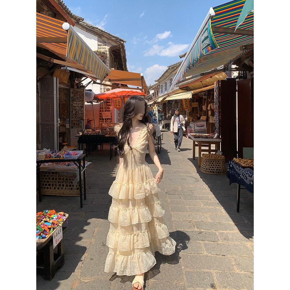 French gentle milk apricot V-neck suspender dress summer elegant casual temperament women's fluffy cake long skirt