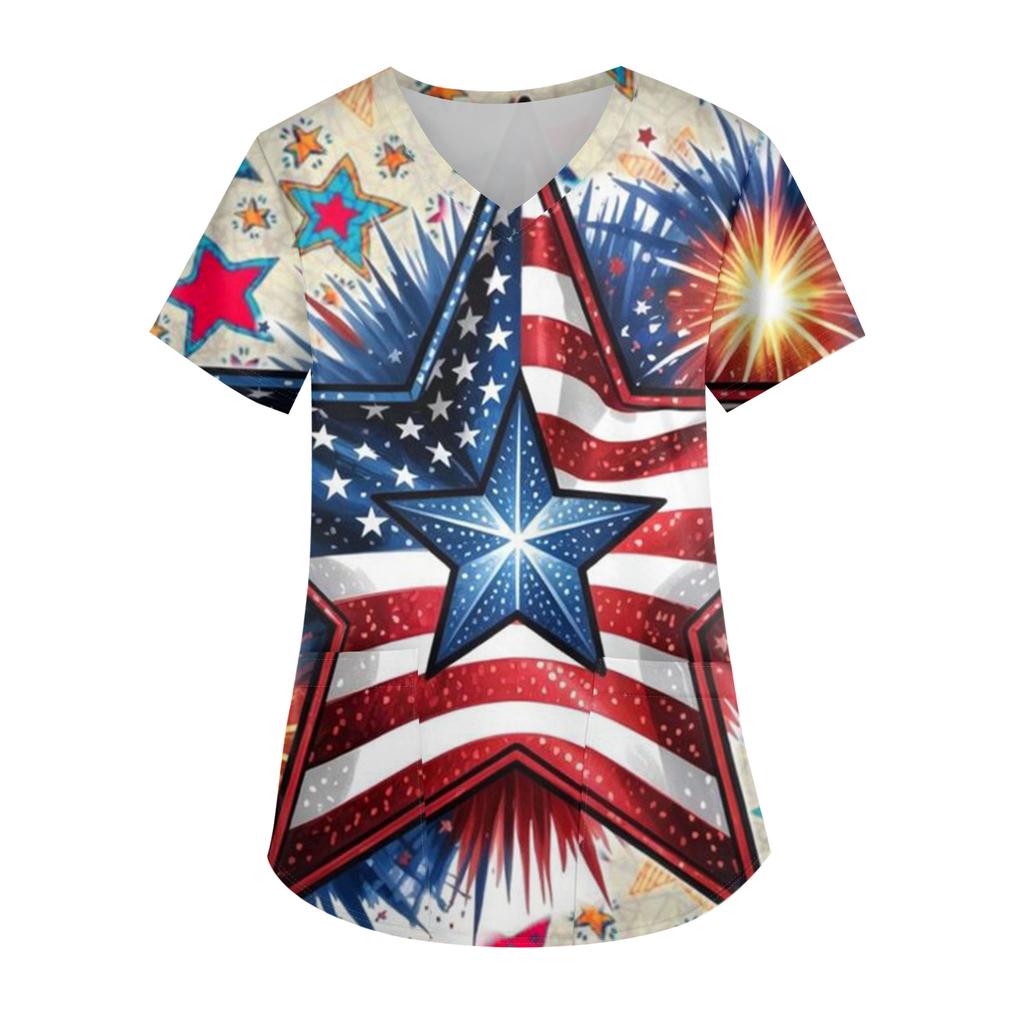 Ladies' Independence Day Printed Fashionable V-neck Pocket Short Sleeved Uniform and Caregiver Top