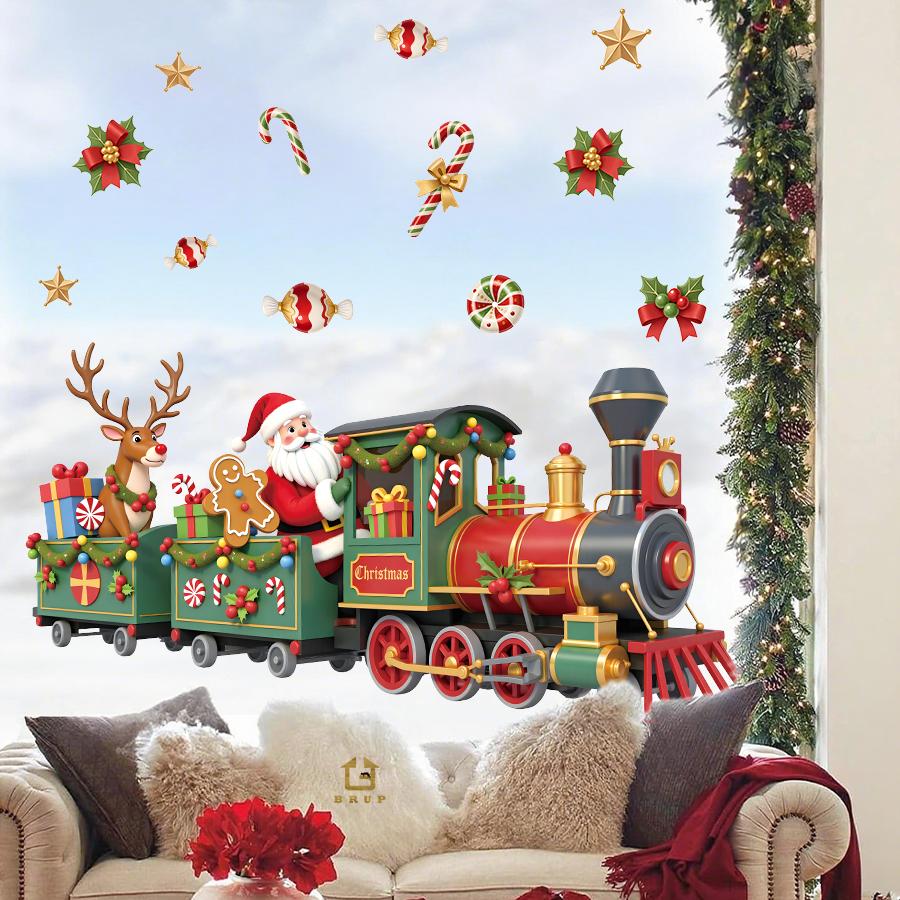 Verspielter Weihnachtsmann-Zug Weihnachts-Wandaufkleber Mit Süßigkeiten Stechpalme Abnehmbar Selbstklebend Für Kinderzimmer Restaurant Ladendekor