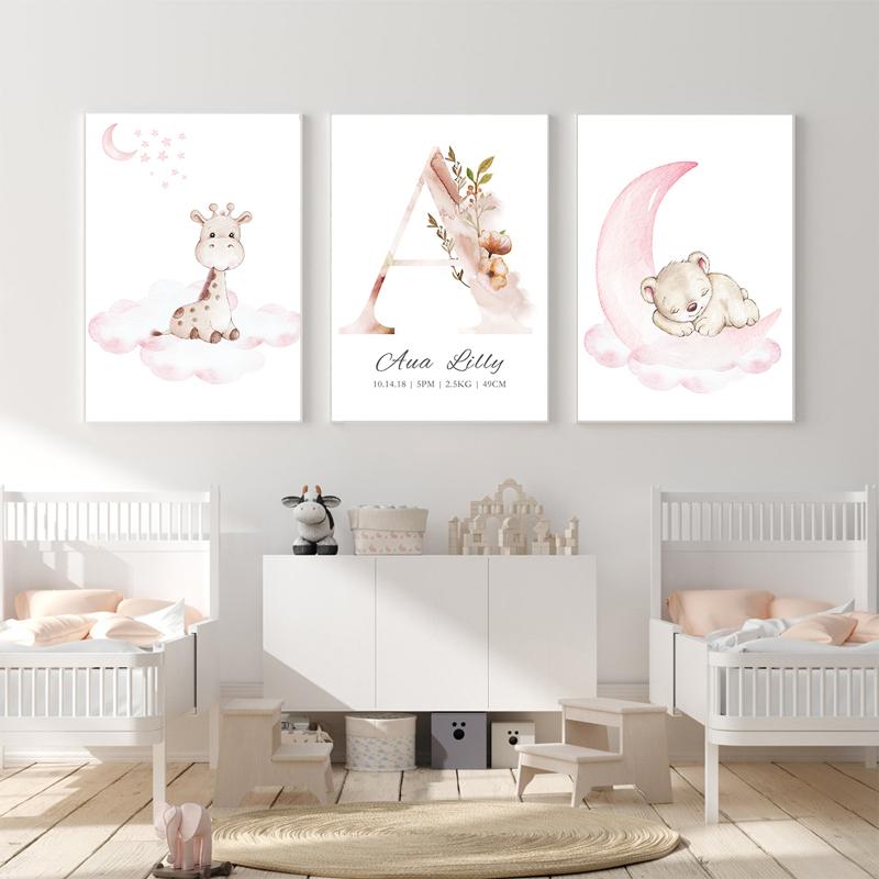 

Олень Медведь Печать на Холсте Детская Настенная Живопись Плакаты с Лунным Облаком Пользовательское Имя Poste Скандинавские Настенные Панно Девушка Розовый Декор Комнаты