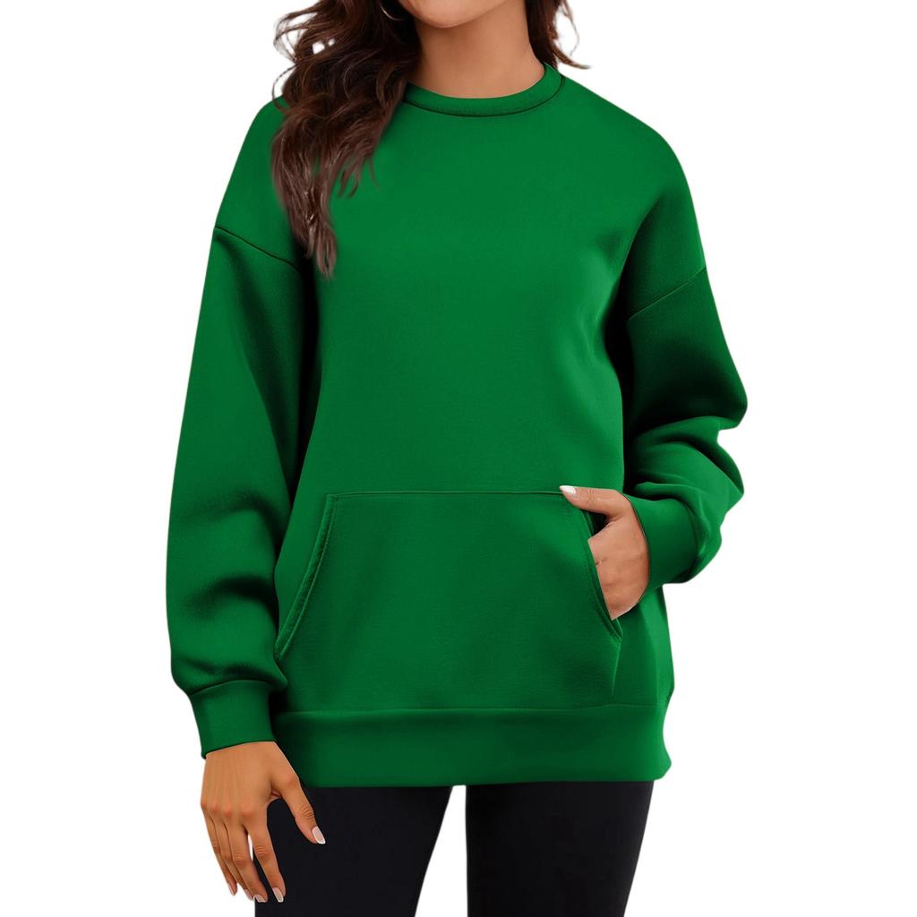 Haut de Sweat-shirt Décontracté pour Femme à Manches Longues, Couleur Unie, Col Rond, avec Poches