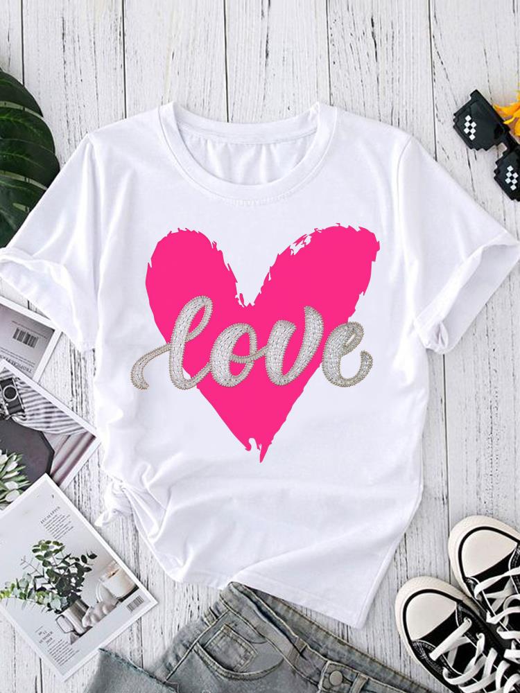 (Asian Size) Short Sleeve T-shirts O-neck Casual Clothing Fashion Female watercolor love heart Women's Top T shirt Printed Graphic Tee