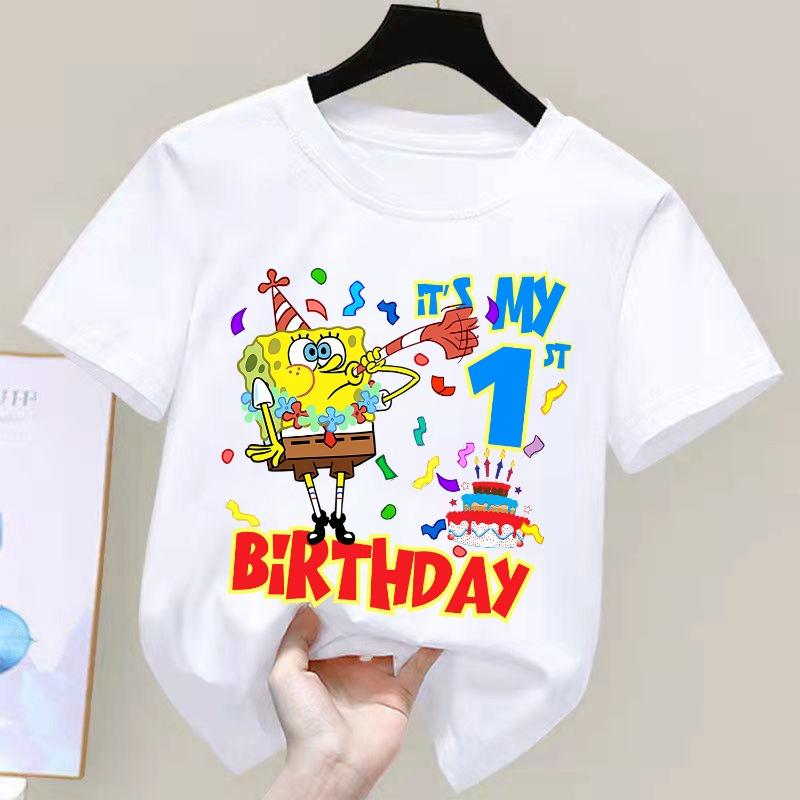 Spongebob New Birthday Figure T-shirt for Children Kawaii Cartoon White Tee Top Kawaii Short Sleeve Boys Girls Short Sleeve Gift