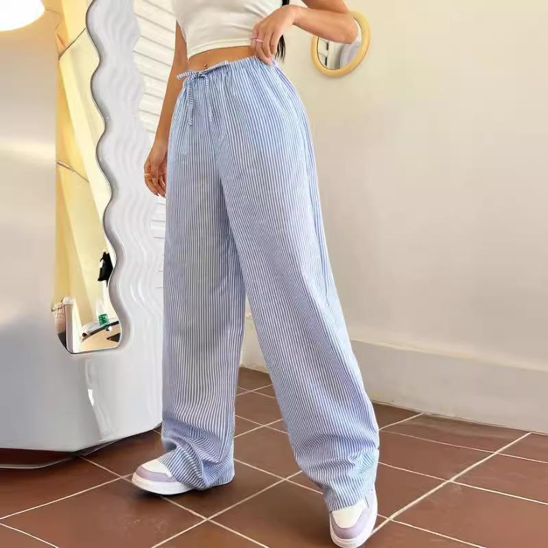 Women Blue Striped Straight Leg Wide Leg Pants Casual Style S