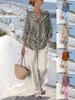 New Vacation Style 7/8 Sleeve V-Neck Printed Women's Straight Leg Pantsuit