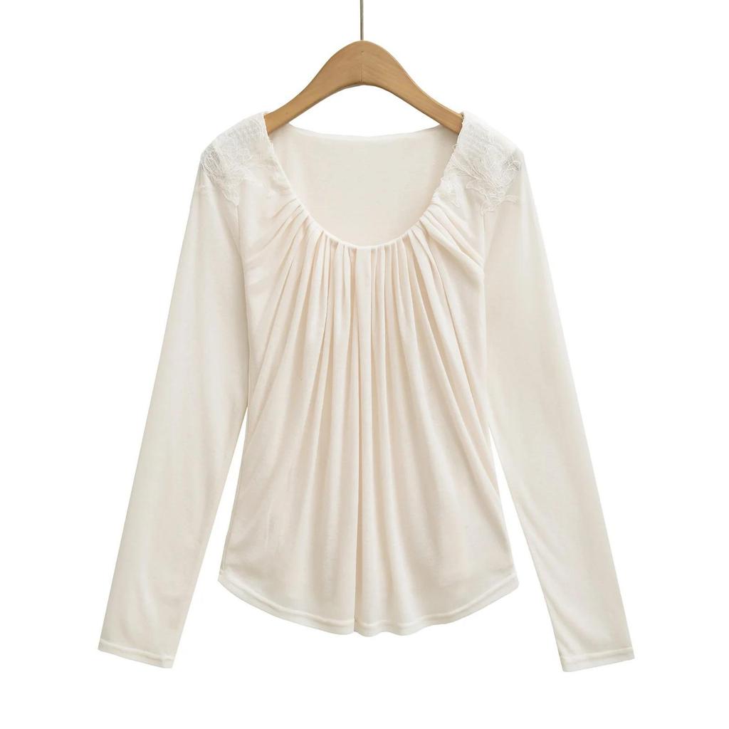 Double-Layer Lace Applique Comfortable Pleated U-Neck Long-Sleeve Feminine Waist-Slimming T-shirt