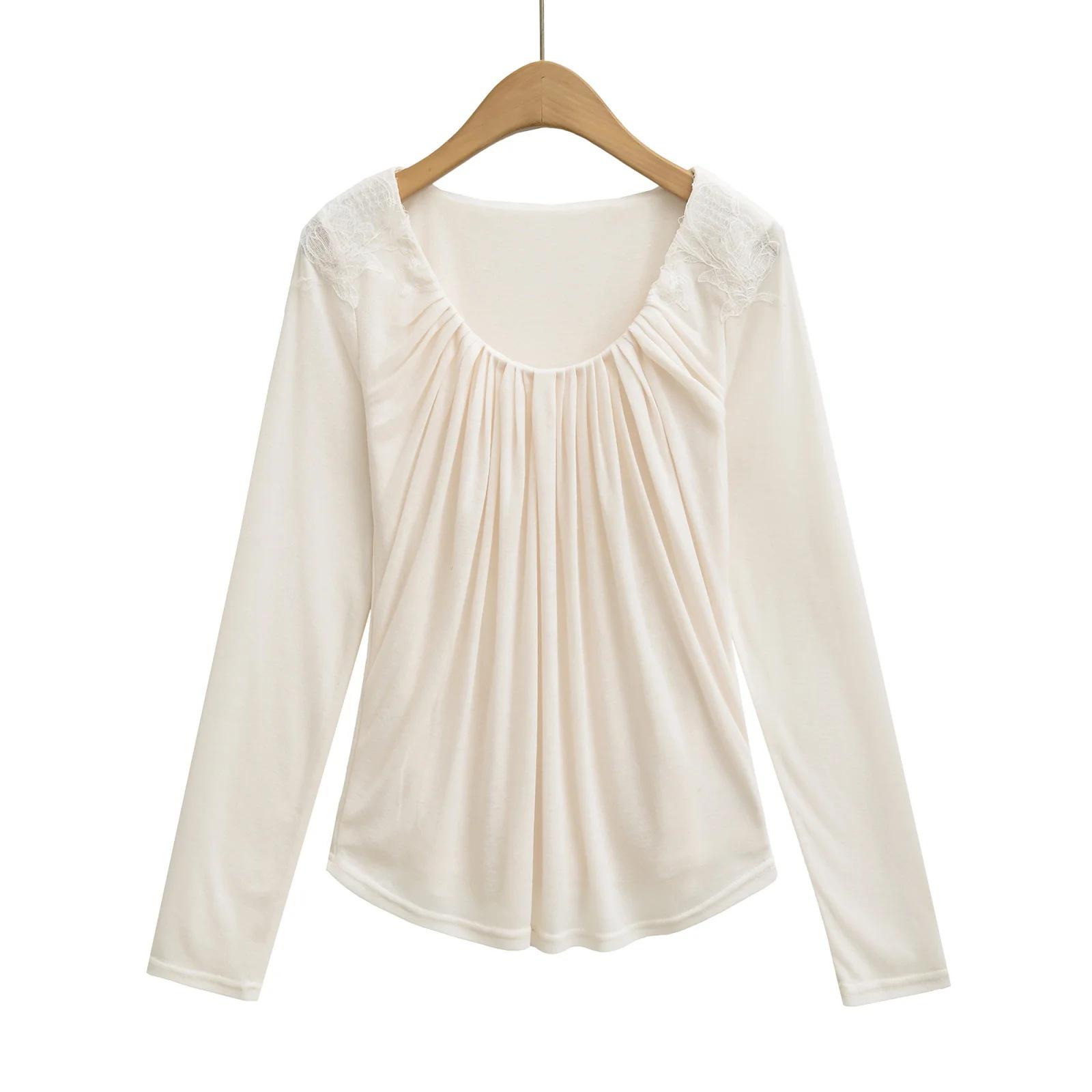 

Double-Layer Lace Applique Comfortable Pleated U-Neck Long-Sleeve Feminine Waist-Slimming T-shirt L білий
