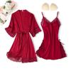 Sexy Pure Desire Lace Pajama Set: Solid Color Slip Dress with Tie-Up Morning Robe