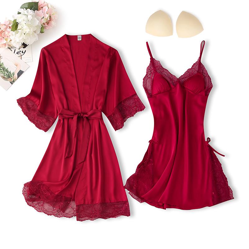 Sexy Pure Desire Lace Pajama Set: Solid Color Slip Dress with Tie-Up Morning Robe