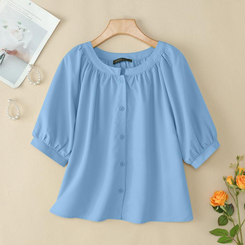 ZANZEA Women Casual Round Neck Loose Summer Short Sleeve Blouse