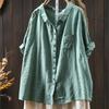 Johnature Women Vintage Shirts Tops Patchwork Pockets Solid Color Turn-down Collar Half Sleeve Thin Summer Shirt