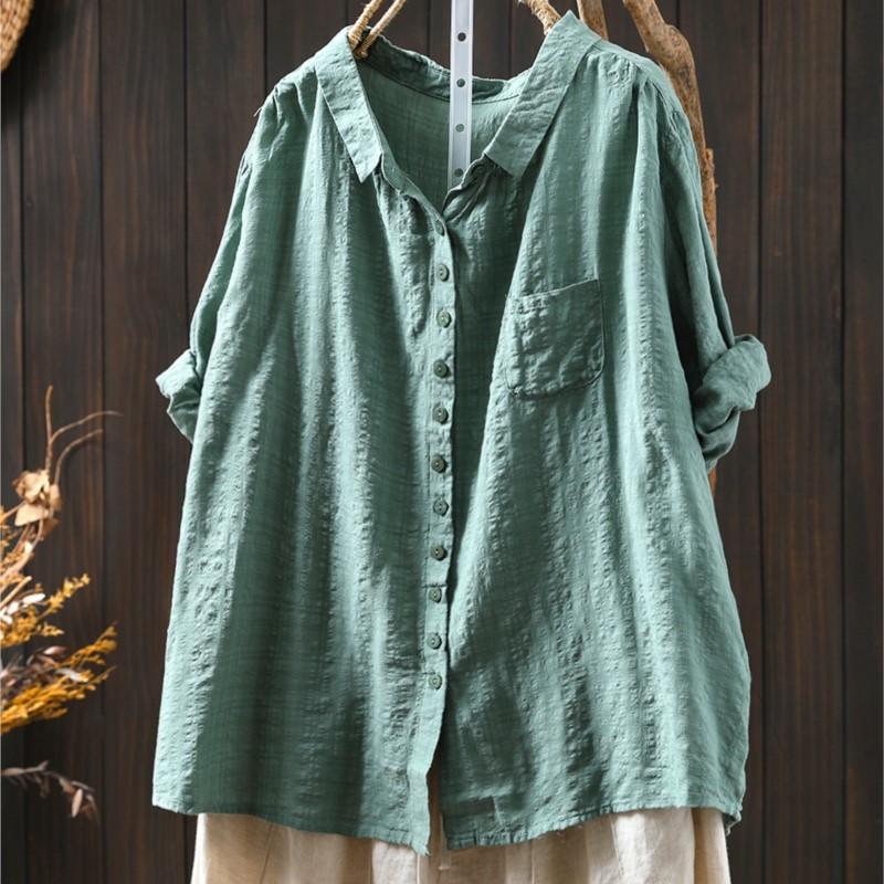 Johnature Women Vintage Shirts Tops Patchwork Pockets Solid Color Turn-down Collar Half Sleeve Thin Summer Shirt