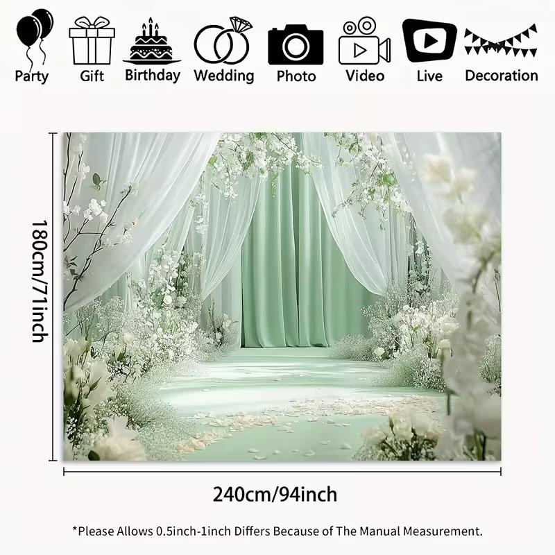 2D Sage Green Curtain Backdrop White Flower Wedding Photography Background