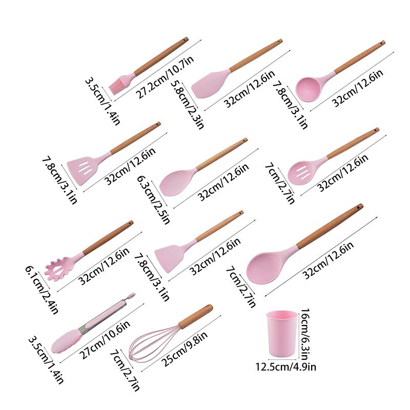 1/12Pcs Silicone Kitchenware Non-Stick Cookware Kitchen Utensils Set Spatula Shovel Egg Beaters Wooden Handle Cooking Tool Set