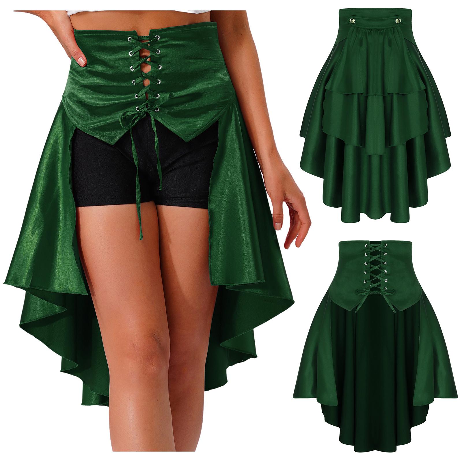 

S-3XL Women s Steampunk Lace-up Skirt: High-low Hem Tiered Ruffled Irregular Satiny Style with Front Eyelets & Waist Belt S зелений