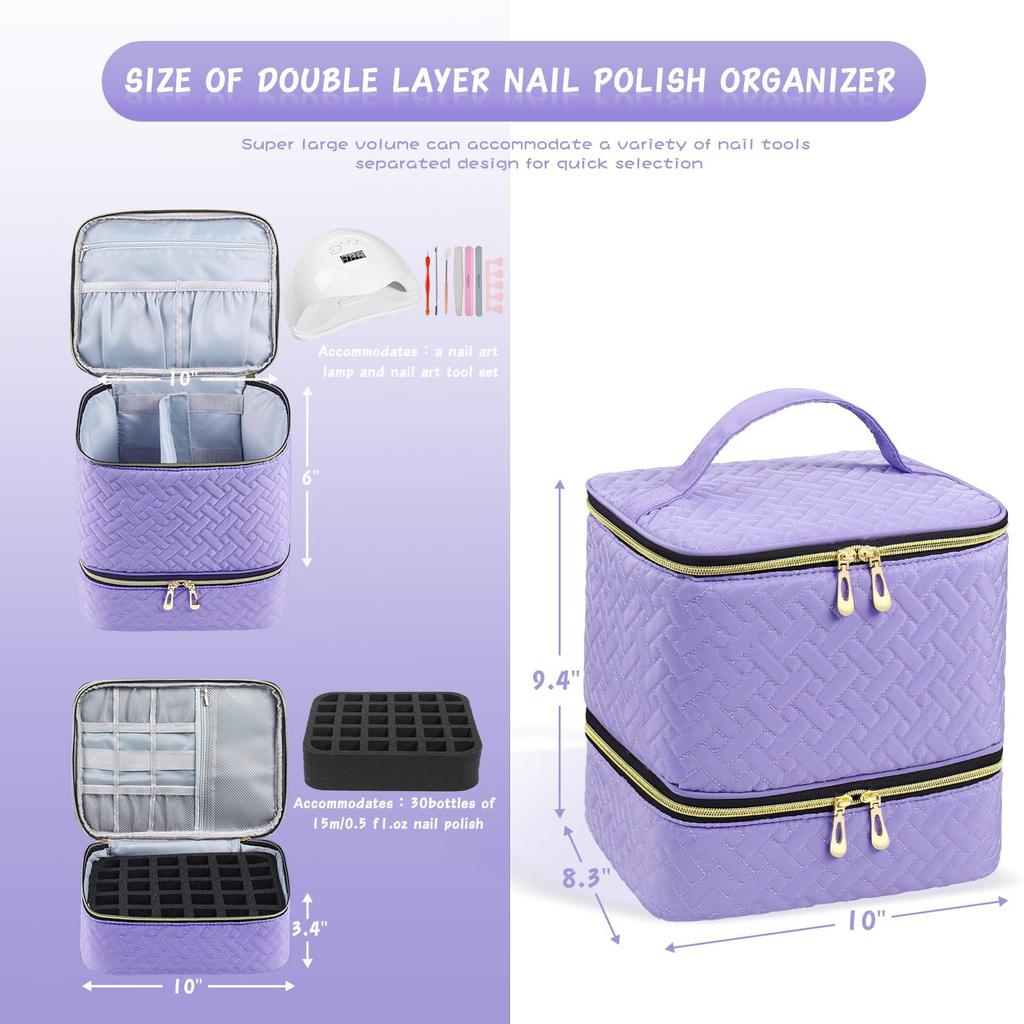 2-Layer Nail Polish Organizer Holds 30 Bottles 15ml/0.5 Fl.oz Nail Lamp Polish Travel Case with Divider for Nail Manicure Set