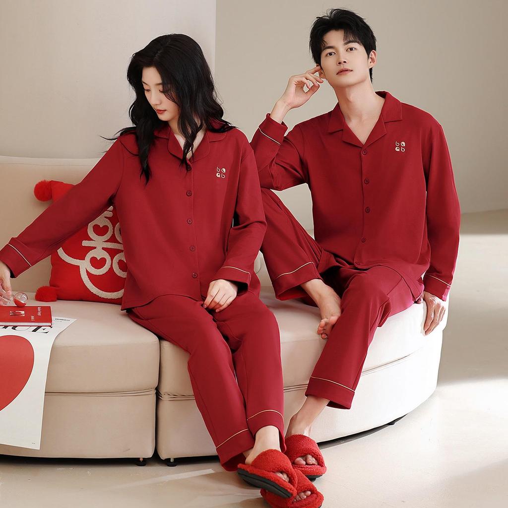 Unisex Wedding Couple Pajamas: Festive Red Pure Cotton Cardigan Set for Spring and Autumn