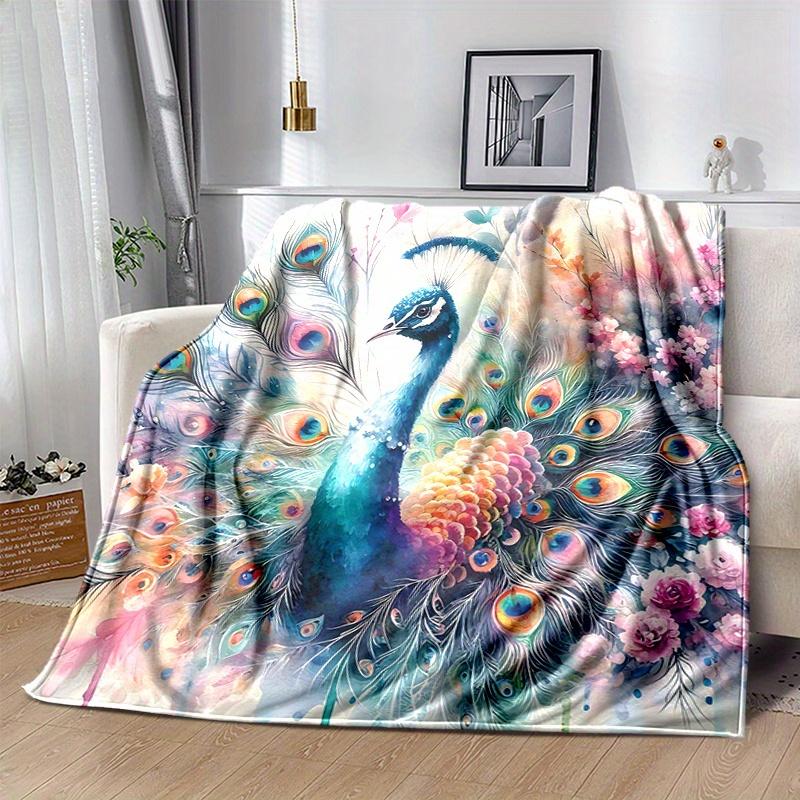 1pc Colorful Peacock with Feathers Spread Amidst Flowers and Nature's Beauty Blanket  Soft, Travel Use, Living Room, Travel, Camping, Car Blankets