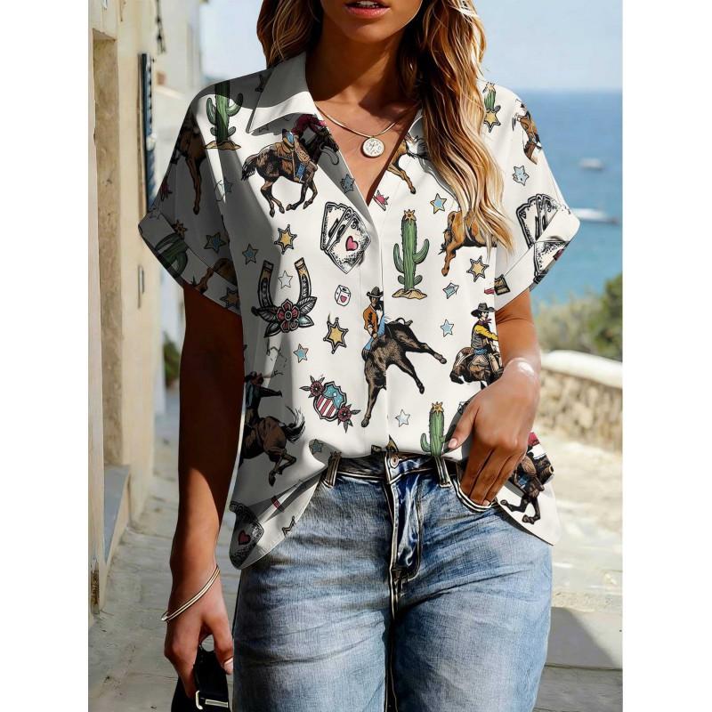 Floral Print Womens Loose Fit Short Sleeve V-Neck Top - Sleeveless Button-Free Casual Shirt Street Style