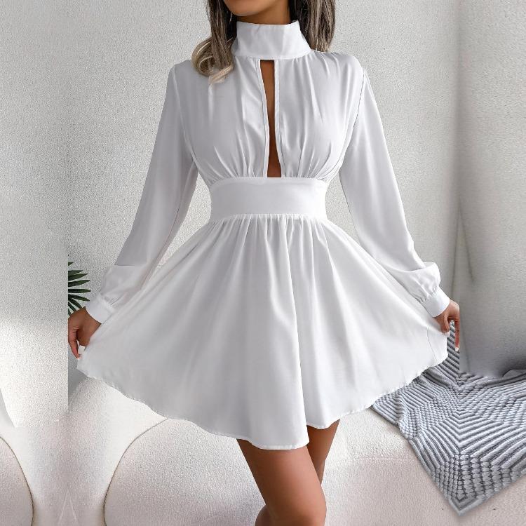 Sexy High Waist Hollow Out Swing Dress for Women Solid Color Large Size Autumn Winter Fashion