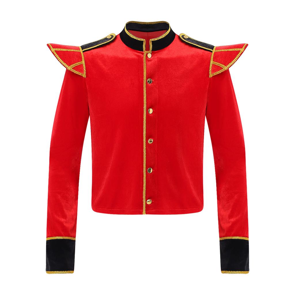 Stand Collar Long Sleeve Velvet Jacket with Gold Trim and Shoulder Boards for Men Circus Ringmaster Halloween Carnival Costume
