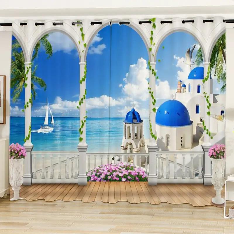2Panel Blue Sea Curtain Sea Window View Printed Curtain for Bedroom Living Room Floor-to-ceiling Window Kitchen Small Size Drape