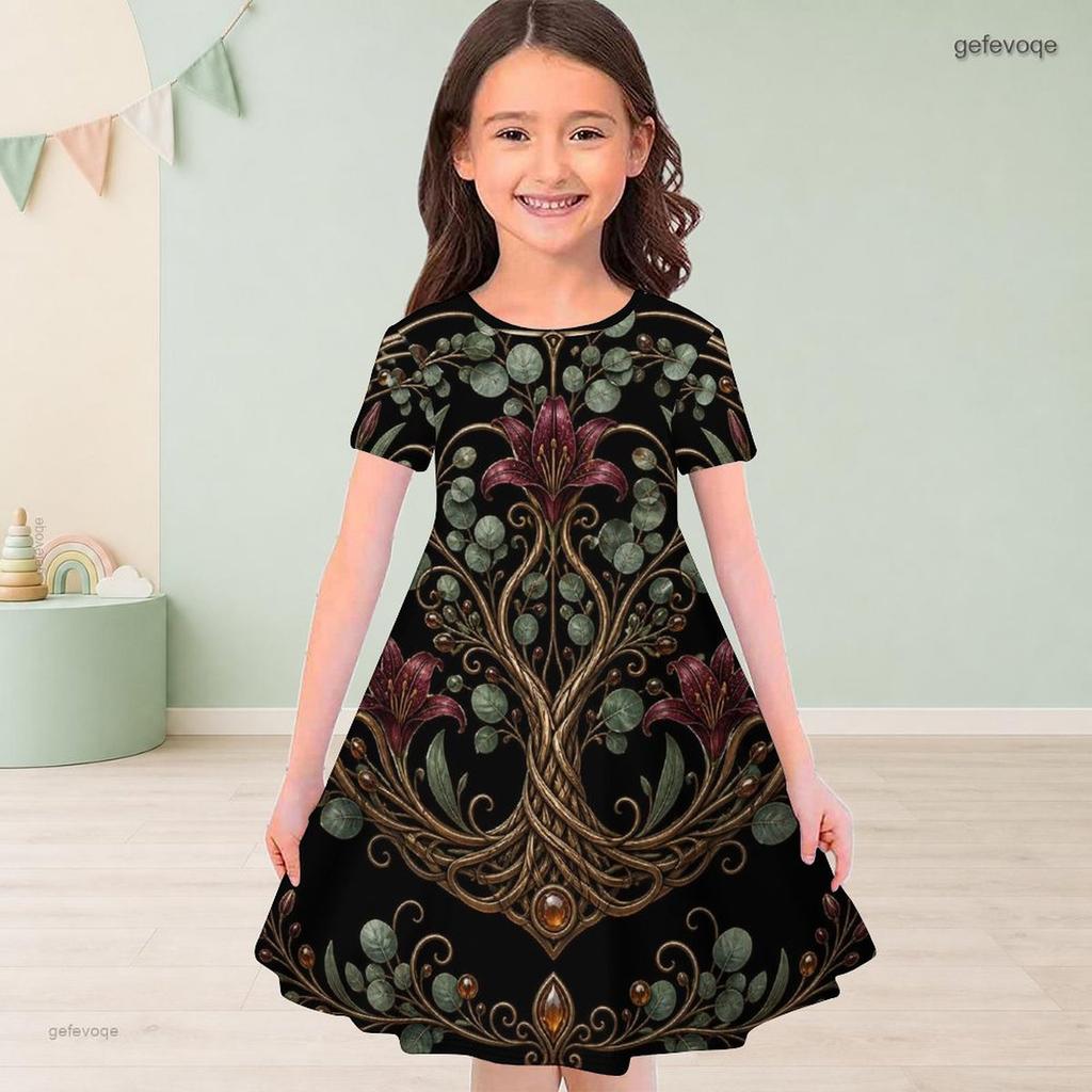 Girls Round Neck Short Sleeve Floral Tree Printed A Line Flared Black Dress