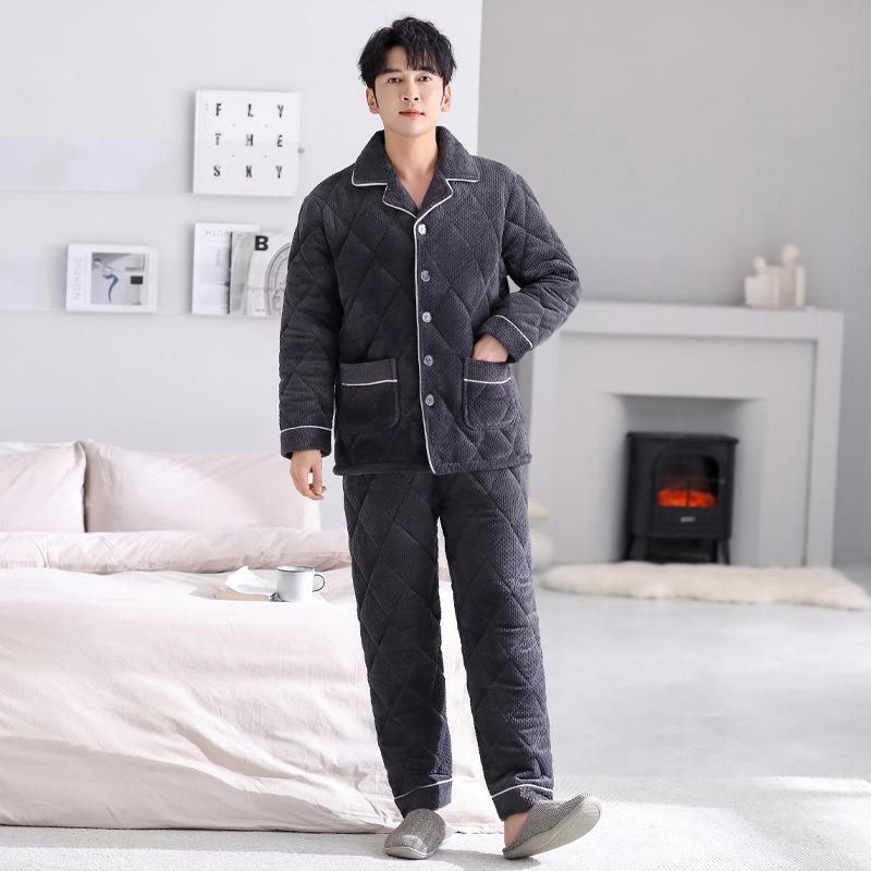 Pajamas Men'S Winter Winter Three-Layer Fleece Thickened Warm Clip Padded Jacket Large Size Coral Fleece Homewear Set Winter