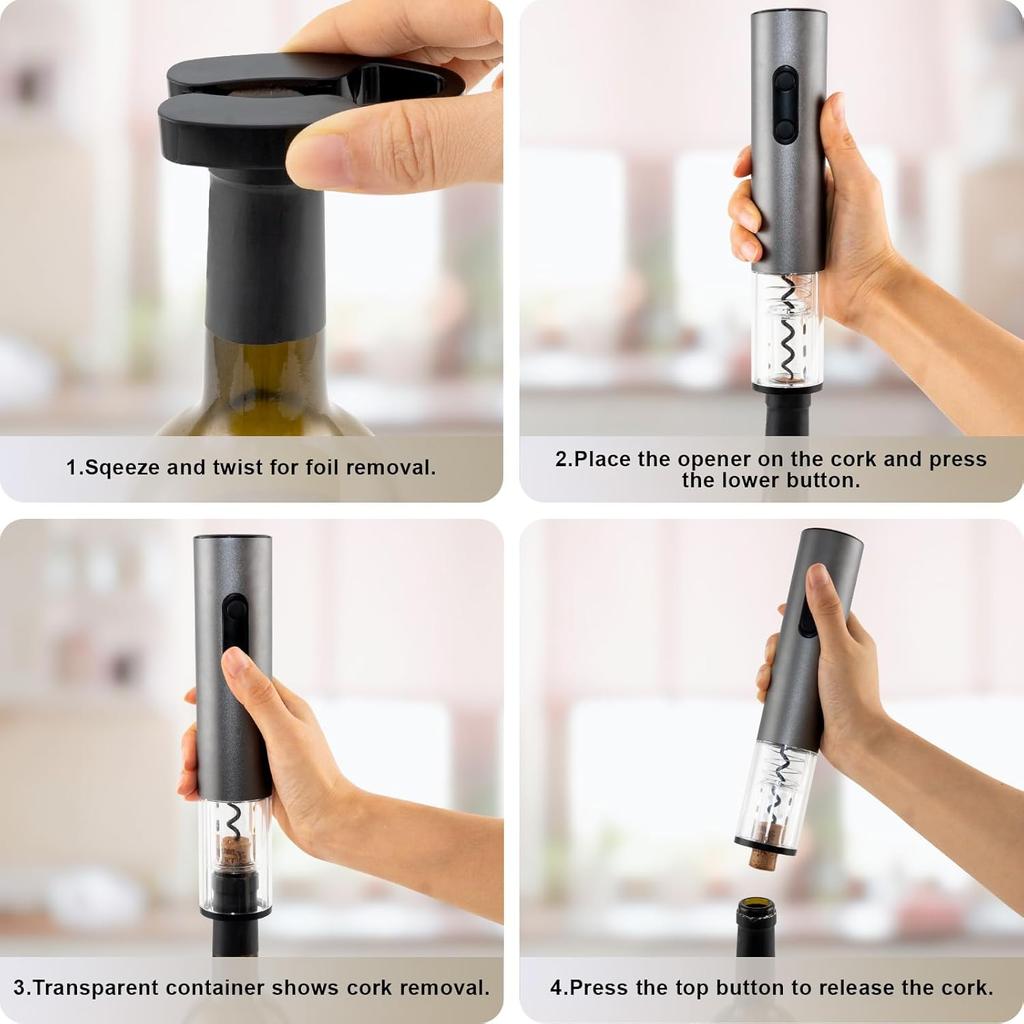 COKUNST Electric Wine Opener, 4-in-1 Wine Bottle Opener Set with Base, Cordless Automatic Battery Operated Corkscrew with Foil Cutter, Pour, Vacuum