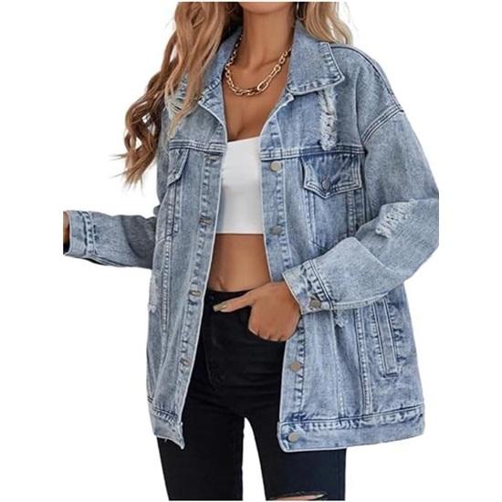 Giacca di jeans oversize strappata da donna stile boyfriend saldi