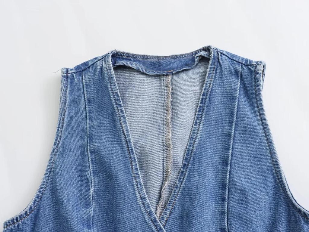 Women's European & American Short Denim Vest + Double Lapel Midi Skirt Set