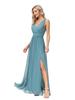 European & American Women’s Chiffon A-Line Evening Dress with Double V-Neck, Sleeveless Design, Slit, and Elastic Waist.